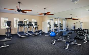 a gym with cardio equipment and ceiling fans